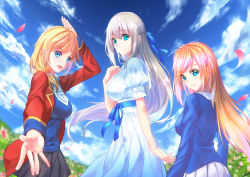Rule 34 | 3girls, 5plus, absurdres, blonde hair, blue eyes, breasts, cloud, day, green eyes, highres, large breasts, lexington (warship girls r), long hair, looking at viewer, looking back, multiple girls, outstretched arm, petals, richelieu (warship girls r), rodney (warship girls r), short hair, silver hair, skirt, smile, uniform, warship girls r