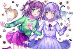 Rule 34 | 2girls, :d, aged down, alternate hairstyle, animal, animal print, bang dream!, blue dress, blush, bow, brown hair, cat, checkerboard cookie, clenched hand, clothes writing, cookie, dress, food, frilled shirt collar, frills, green eyes, green shirt, grid background, hair bow, hair ornament, hand up, highres, imai lisa, locked arms, long hair, long sleeves, looking at viewer, minato yukina, multiple girls, neck ribbon, nennen, open mouth, pink bow, pink skirt, pleated dress, print shirt, purple neckwear, rabbit print, ribbon, shirt, short hair, silver hair, skirt, smile, star (symbol), star hair ornament, two side up, white background, yellow eyes