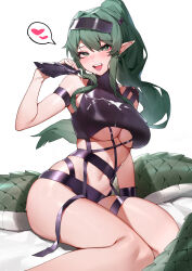 Rule 34 | 1girl, absurdres, arknights, bikini, black bikini, breasts, crocodilian tail, darling0221, feet out of frame, gavial (arknights), green eyes, green hair, heart, highres, holding, large breasts, looking at viewer, open mouth, pointy ears, simple background, sitting, solo, spoken heart, suggestive fluid, swimsuit, tail, teeth, thigh strap, thighs, tongue, underboob, upper teeth only, white background