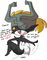 Rule 34 | arm up, ass, ass smack, black skin, blonde hair, breasts, colored sclera, colored skin, demon girl, english text, fang, from behind, full body, grey headwear, half-closed eyes, hand on own knee, happy, helmet, highres, jaggy lines, long hair, midna, motion lines, multicolored skin, nintendo, one eye covered, open mouth, outstretched arm, pointy ears, presenting, red eyes, shiny skin, simple background, sitting, small breasts, smile, spread legs, talking, text focus, the legend of zelda, the legend of zelda: twilight princess, two-tone skin, vilepluff, white background, white skin, yellow sclera