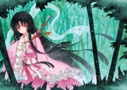 Rule 34 | 1girl, bad id, bad pixiv id, bamboo, bamboo forest, black hair, blunt bangs, bow, branch, dress, forest, frilled sleeves, frills, hime cut, holding, houraisan kaguya, japanese clothes, jeweled branch of hourai, long hair, long skirt, long sleeves, looking at viewer, nature, outdoors, pink dress, pink eyes, pink shirt, qqqrinkappp, shirt, skirt, sleeves past wrists, smile, solo, touhou, veil, very long hair, white bow, white neckwear, wide sleeves