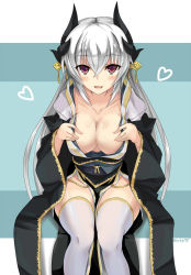 Rule 34 | 1girl, blush, breasts, cleavage, collarbone, commentary request, fate/grand order, fate (series), hair between eyes, heart, horns, japanese clothes, kimono, kiyohime (fate), kiyohime (third ascension) (fate), kurokage, large breasts, long hair, looking at viewer, obi, open mouth, red eyes, sash, silver hair, sitting, solo, thighhighs, twitter username, white thighhighs, wide sleeves