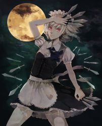 Rule 34 | 1girl, between fingers, braid, clona, embodiment of scarlet devil, female focus, gradient background, holding, izayoi sakuya, knife, maid, moon, red eyes, solo, throwing knife, too many, touhou, weapon, white hair