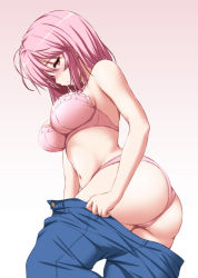 Rule 34 | 1girl, ass, bare arms, bare shoulders, blue pants, blush, bra, breasts, clothes pull, commentary request, cowboy shot, embarrassed, gradient background, hair between eyes, highres, large breasts, looking at viewer, navel, no shirt, nori tamago, nose blush, panties, pants, pants pull, pink background, pink bra, pink hair, pink panties, red eyes, saigyouji yuyuko, short hair, solo, standing, stomach, touhou, underwear, undressing, white background