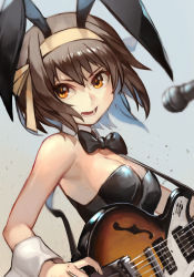 Rule 34 | 1girl, animal ears, black bow, black bowtie, black leotard, bow, bowtie, breasts, brown hair, cleavage, detached collar, electric guitar, fake animal ears, god knows..., grey background, guitar, hairband, holding, holding instrument, hungry clicker, instrument, italia mondial, leotard, looking at viewer, medium breasts, microphone stand, open mouth, orange eyes, playboy bunny, rabbit ears, short hair, sideboob, simple background, sleeveless, solo, suzumiya haruhi, suzumiya haruhi no yuuutsu, upper body, wrist cuffs