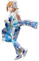Rule 34 | 1girl, bag, blue eyes, floral print, full body, furisode, handbag, holding, japanese clothes, kimono, long sleeves, looking at viewer, non-web source, obi, official art, open mouth, orange hair, philia (sao), sandals, sash, short hair, simple background, solo, sword art online, tabi, white background, wide sleeves