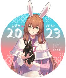 Rule 34 | 1girl, 2023, alternate costume, animal, animal ears, artist name, brown hair, commentary, dress, english commentary, girls&#039; frontline, green eyes, hair between eyes, happy new year, holding, holding animal, holding rabbit, long hair, long sleeves, looking at viewer, new year, niac, outside border, pink dress, rabbit, rabbit ears, round image, signature, smile, solo, springfield (girls&#039; frontline), upper body