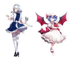 Rule 34 | 2girls, ;d, ascot, bat wings, black footwear, blue dress, blue hair, commentary request, dress, frilled shirt collar, frills, from behind, full body, hand on own hip, hat, hat ribbon, high heels, hsin, izayoi sakuya, knife, looking at viewer, looking back, maid, maid headdress, mob cap, multiple girls, nail polish, one eye closed, open mouth, petticoat, purple eyes, red ascot, red eyes, red ribbon, red sash, remilia scarlet, ribbon, sash, shoes, short dress, short hair, silver hair, simple background, smile, standing, thighhighs, touhou, white background, white dress, white footwear, white headwear, white legwear, wings