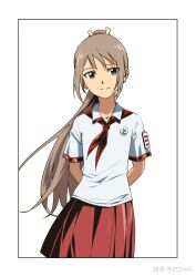 Rule 34 | 1girl, arms behind back, original, red skirt, school uniform, skirt, smile, solo, white background, zcloud