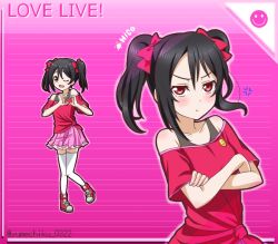 Rule 34 | 1girl, :d, :t, black hair, blush, bow, character name, closed mouth, collarbone, copyright name, full body, hair between eyes, hair bow, heart, heart hands, layered skirt, long hair, looking at viewer, love live!, love live! school idol project, miniskirt, off-shoulder shirt, off shoulder, open mouth, pink background, pink skirt, pleated skirt, red bow, red eyes, red shirt, shirt, skirt, smile, smiley face, solo, standing, striped background, thighhighs, twintails, twitter username, upper body, v-shaped eyebrows, white thighhighs, yazawa nico, yumechiku, zettai ryouiki