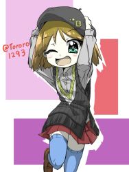 Rule 34 | 1girl, ;d, beret, black hat, black sweater, blue eyes, blue thighhighs, brown footwear, brown hair, casual, collared shirt, commentary, girls und panzer, grey shirt, hands on headwear, hat, hat ornament, kanji, leg up, looking at viewer, miniskirt, multicolored background, one eye closed, open mouth, pleated skirt, red skirt, sakaguchi karina, shirt, shoes, short hair, silhouette, skirt, smile, solo, standing, standing on one leg, sweater, sweater vest, thighhighs, twitter username, v-neck, wing collar, yamakake (tororo1293)
