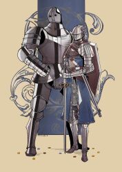 Rule 34 | 1boy, 1girl, anri of astora, arm guards, armor, belt, chainmail, covered face, cuirass, dark souls (series), dark souls iii, full armor, gauntlets, greaves, helm, helmet, herheim, highres, holding, holding sword, holding weapon, horace the hushed, mixed-language commentary, shield, simple background, sword, weapon, yellow background