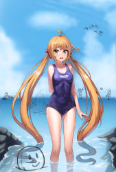 Rule 34 | 1girl, arm behind back, bad id, bad pixiv id, bare arms, bare legs, blonde hair, blue one-piece swimsuit, blue sky, blush, breasts, cleavage, cloud, collarbone, floating hair, green eyes, gwinggwing, hair between eyes, highres, long hair, looking at viewer, ocean, old school swimsuit, one-piece swimsuit, open mouth, original, school swimsuit, sky, small breasts, solo focus, standing, summer, swimsuit, twintails, very long hair, wading, wavy mouth