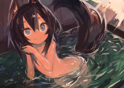 Rule 34 | 1girl, :3, absurdres, animal ear fluff, animal ears, blue eyes, brown hair, completely nude, dog ears, dog tail, flat chest, hair between eyes, highres, in water, kaamin (mariarose753), light rays, looking at viewer, medium hair, no lineart, nude, original, solo, tail, water drop