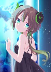 Rule 34 | 1girl, animal, aquarium, bare arms, bare shoulders, black dress, blue eyes, blurry, blurry background, breasts, brown hair, commentary request, curled horns, demon horns, depth of field, dress, frilled dress, frills, from side, green hair, hair between eyes, hand up, highres, horns, indoors, kusumoto shizuru, long hair, looking at viewer, looking to the side, multicolored hair, original, sleeveless, sleeveless dress, small breasts, solo, streaked hair, two-tone hair, underwater, very long hair, water