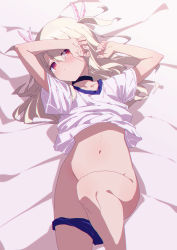 Rule 34 | 1girl, arm on own head, artist request, bad id, bad pixiv id, bed, blonde hair, blush, buruma, buruma pull, choker, closed mouth, clothes pull, fate/kaleid liner prisma illya, fate (series), feather hair ornament, feathers, hair ornament, illyasviel von einzbern, long hair, lying, no panties, red eyes, shirt, solo, t-shirt, user zhmv3725
