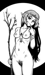 Rule 34 | 1girl, akairiot, breasts, breasts apart, circlet, commentary, completely nude, elf, english commentary, female pubic hair, finger to mouth, greyscale, head tilt, highres, long hair, looking at viewer, mole, mole under eye, monochrome, navel, nipples, nude, original, petite, pointy ears, pubic hair, ribs, screentones, small breasts, solo, standing, tree, wide hips