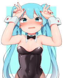 Rule 34 | 1girl, abmayo, aqua eyes, aqua hair, arms up, bare arms, bare shoulders, black bow, black bowtie, black leotard, blue background, blush, border, bow, bowtie, breasts, collarbone, commentary, covered navel, detached collar, double v, embarrassed, hatsune miku, highres, leotard, long hair, looking at viewer, medium breasts, nail polish, nose blush, open mouth, pantyhose, playboy bunny, red nails, shiny clothes, solo, strapless, strapless leotard, twintails, v, very long hair, vocaloid, white border, wrist cuffs