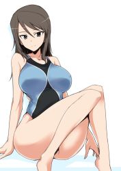 Rule 34 | 10s, 1girl, alternate costume, arm at side, bare arms, bare legs, barefoot, breasts, brown eyes, brown hair, collarbone, competition swimsuit, girls und panzer, hair between eyes, halcon, large breasts, light smile, long hair, looking at viewer, mika (girls und panzer), no headwear, no headwear, one-piece swimsuit, sitting, smile, solo, swimsuit