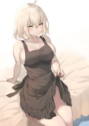Rule 34 | 1girl, ahoge, alternate costume, apron, apron lift, arm support, black apron, blush, breasts, clothes lift, collarbone, fate/grand order, fate (series), highres, itohana, jeanne d&#039;arc (fate), jeanne d&#039;arc alter (avenger) (fate), jeanne d&#039;arc alter (fate), large breasts, lifting own clothes, naked apron, short hair, silver hair, sitting, solo, thighs, yellow eyes