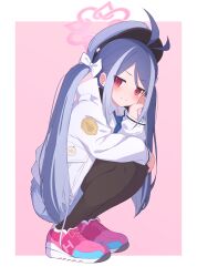Rule 34 | 1girl, antenna hair, bitseon, black pantyhose, blue archive, blue hair, blue hat, blush, closed mouth, fubuki (blue archive), full body, grey hair, halo, hat, highres, jacket, long hair, long sleeves, pantyhose, peaked cap, pink footwear, pink halo, red eyes, shoes, smile, solo, squatting, white jacket