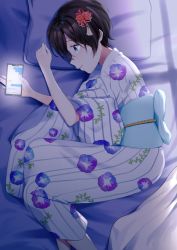 Rule 34 | 1girl, bad id, bad pixiv id, black hair, blue eyes, cellphone, feet out of frame, floral print, hair ornament, japanese clothes, kimono, lying, mukuro usss, night, obi, on bed, on side, original, phone, pillow, profile, sash, short hair, solo, wide sleeves, yukata