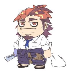 Rule 34 | 1boy, bags under eyes, boogeyman (housamo), brown hair, chibi, commentary request, facial hair, goatee, katoributa a, long sideburns, male focus, mature male, multicolored hair, necktie, red eyes, scar, scar on face, school uniform, sideburns, solo, tokyo houkago summoners, two-tone hair