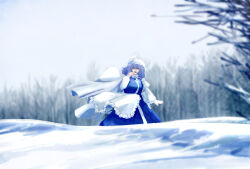 Rule 34 | absurdres, apron, bare tree, blue skirt, blue vest, blurry, blurry background, cape, closed eyes, forest, highres, hill, koyane (silver81106), lapel pin, letty whiterock, medium hair, nature, one-hour drawing challenge, skirt, sky, snow, touhou, tree, vest, waist apron, white apron, white cape, white sky