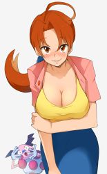Rule 34 | 1girl, ahoge, blue skirt, blush, breasts, brown eyes, brown hair, cleavage, creatures (company), delia ketchum, game freak, gen 1 pokemon, highres, large breasts, leaning forward, lips, looking at viewer, memorinn, mature female, mr. mime, nintendo, parted lips, pencil skirt, pokemon, pokemon (anime), pokemon (classic anime), pokemon (creature), ponytail, simple background, skirt, smile, white background