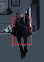 Rule 34 | 1girl, absurdres, assault rifle, black pantyhose, cellphone, character name, closed eyes, fangs, girls&#039; frontline, grey hair, gun, highres, holding, holding gun, holding weapon, indoors, iphone, jacket, lamp, legs together, long hair, m4 carbine, m4 sopmod ii (girls&#039; frontline), mienthoa, military, military uniform, multicolored hair, night, on bed, open mouth, pantyhose, phone, poster (object), purple hair, rifle, sidelocks, sitting, sleeping, smartphone, solo, streaked hair, uniform, weapon, window