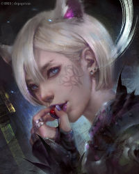 Rule 34 | 1girl, animal ears, blue eyes, dutch angle, earrings, facial tattoo, fingernails, from side, hand to own mouth, jewelry, livia prima, looking at viewer, original, photo-referenced, platinum blonde hair, portrait, realistic, ring, short hair, solo, standing, swept bangs, tattoo