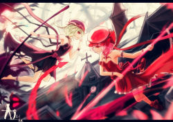Rule 34 | 2girls, alternate costume, alternate hair color, arm ribbon, bad id, bad pixiv id, barefoot, bat wings, clock, clock tower, dress, female focus, flandre scarlet, hat, hat ribbon, jewelry, laevatein, letterboxed, light trail, multiple girls, necklace, pendant, pink hair, purple dress, red dress, red eyes, red footwear, red skirt, remilia scarlet, ribbon, scarlet devil mansion, shoes, siblings, silver hair, sisters, skirt, spear the gungnir, touhou, tower, wangchuan de quanyan, wings, wrist cuffs