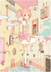 Rule 34 | 10s, 1girl, awakumo, bubble skirt, choker, gloves, hair ribbon, high heels, kaname madoka, magical girl, mahou shoujo madoka magica, mahou shoujo madoka magica (anime), pink eyes, pink hair, puffy sleeves, ribbon, shoes, short twintails, skirt, solo, standing, surreal, twintails, white gloves, white legwear