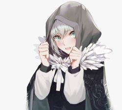 Rule 34 | 1girl, bad id, bad pixiv id, blush, cloak, csyday, fate/grand order, fate (series), feather trim, gray (fate), green eyes, grey hair, hood, hood pull, hooded cloak, looking at viewer, lord el-melloi ii case files, open mouth, ribbon, solo, white background, white ribbon