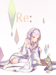 Rule 34 | 10s, 1girl, :o, animal, arm support, bad id, bad pixiv id, bare shoulders, blunt bangs, blush, boots, braid, breasts, cat, cleavage, copyright name, detached collar, diamond (shape), dress, elf, emilia (re:zero), eyebrows, flower, full body, hair flower, hair ornament, hair ribbon, hairclip, highres, light purple hair, long hair, long sleeves, looking at viewer, medium breasts, pointy ears, puck (re:zero), purple eyes, purple flower, purple rose, re:zero kara hajimeru isekai seikatsu, revision, ribbon, rose, shade, sitting, thigh boots, thighhighs, wariza, white background, white footwear, white thighhighs, wide sleeves, zetlice