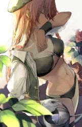 Rule 34 | 1girl, abs, arm up, beret, bikini, bikini under clothes, bloom, blurry, braid, breasts, cleavage, closed eyes, covering own mouth, depth of field, feet out of frame, flower, from above, green bikini, hat, highres, hong meiling, long hair, medium breasts, navel, open clothes, open shirt, profile, red flower, red hair, risui (suzu rks), rose, single wrist cuff, solo, swimsuit, touhou, twin braids, very long hair, watering can, wrist cuffs