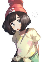 Rule 34 | 1girl, ?, arms behind back, bag, beanie, black eyes, black hair, blush, chestnut mouth, creatures (company), female focus, flat chest, floral print, game freak, green shorts, hat, head tilt, light blush, looking at viewer, matching hair/eyes, nintendo, open mouth, poke ball symbol, poke ball theme, pokemon, pokemon sm, red hat, selene (pokemon), shirt, short hair, short sleeves, shorts, simple background, solo, speech bubble, spoken question mark, standing, teeth, tied shirt, unapoppo, undershirt, white background, yellow shirt