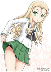 Rule 34 | 10s, 1girl, alternate costume, black neckerchief, black panties, blonde hair, blouse, clothes lift, cowboy shot, dated, drill hair, flipper, girls und panzer, green skirt, hair over shoulder, lifting own clothes, long hair, long sleeves, looking at viewer, marie (girls und panzer), miniskirt, neckerchief, ooarai school uniform, panties, parted lips, pleated skirt, school uniform, serafuku, shirt, simple background, skirt, skirt lift, solo, standing, thigh gap, twitter username, underwear, white background, white shirt