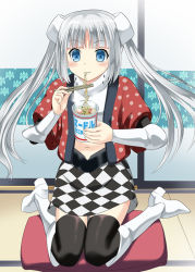 Rule 34 | 10s, 1girl, android, bad id, bad pixiv id, black thighhighs, blue eyes, boots, checkered clothes, checkered skirt, cup ramen, eating, jacket, kanmimi, knee boots, long hair, miss monochrome, miss monochrome (character), parted bangs, polka dot, polka dot jacket, silver hair, skirt, sliding doors, solo, thighhighs, twintails, white footwear