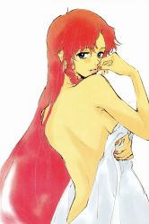Rule 34 | 00s, 1girl, back, blue eyes, breasts, covering privates, hair down, hayashi akemi, highres, lips, lipstick, makeup, nail polish, nude, nude cover, official art, red hair, red nails, scan, simple background, smile, solo, tengen toppa gurren lagann, tengen toppa gurren lagann: parallel works, yoko littner