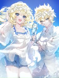 Rule 34 | 1boy, 1girl, blonde hair, blouse, blue eyes, blush, breasts, brother and sister, castor (fate), collared shirt, cup, drinking glass, fate/grand order, fate (series), galibo, heroic spirit tour outfit, highres, long sleeves, looking at viewer, medium breasts, medium hair, open mouth, pollux (fate), shirt, short hair, siblings, smile, thighs, twins, white shirt