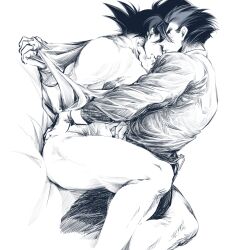 Rule 34 | 2boys, ass, bara, bed, bottomless, dragon ball, dragon ball super, father and son, finger to another&#039;s mouth, greyscale, highres, incest, large pectorals, lying, male focus, monochrome, multiple boys, muscular, muscular male, naked shirt, on back, on bed, open clothes, open shirt, pants, pectorals, powersalad2022, shirt, short hair, son gohan, son goku, spiked hair, thick thighs, thighs, wristband, yaoi