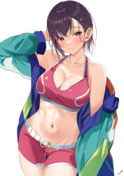 Rule 34 | 1girl, absurdres, asymmetrical bangs, asymmetrical hair, blue jacket, breasts, closed mouth, collarbone, contrapposto, green jacket, hair behind ear, hand in own hair, highres, jacket, large breasts, long sleeves, looking at viewer, mikazuki shizuka, multicolored clothes, multicolored jacket, naruta (nmaf4445), navel, off shoulder, pink eyes, pink shorts, pink sports bra, purple hair, red jacket, short hair, shorts, smile, solo, sports bra, white background, yellow jacket, zom 100: zombie ni naru made ni shitai 100 no koto