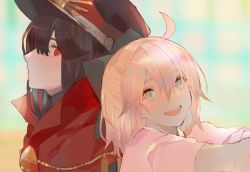 Rule 34 | 2girls, :d, ahoge, black hair, blonde hair, blunt bangs, blurry, blurry background, closed mouth, depth of field, fate (series), hat, kibadori rue, koha-ace, looking at another, looking at viewer, multiple girls, oda nobunaga (fate), oda nobunaga (koha-ace), okita souji (fate), okita souji (koha-ace), open mouth, profile, red eyes, smile