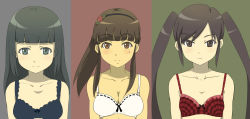 Rule 34 | 3girls, bare shoulders, black hair, blush, bra, breasts, brown eyes, brown hair, character request, cleavage, closed mouth, collarbone, daizu sanchi, frown, hairband, highres, long hair, mole, multiple girls, original, plaid, small breasts, smile, tsurime, twintails, underwear, underwear only, upper body