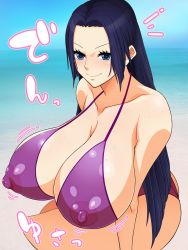 Rule 34 | 1girl, arahark, ass, bikini, black hair, blue eyes, boa hancock, breasts, covered erect nipples, female focus, highres, huge breasts, japanese text, long hair, nipples, one piece, smile, source request, sweat, swimsuit, text focus, translation request