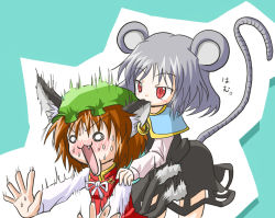 Rule 34 | 2girls, :3, animal ears, arinu, biting, blush, brown hair, cat ears, cat girl, cat tail, chen, doraemon, ear biting, earrings, fang, female focus, grey hair, hat, jewelry, mouse ears, mouse tail, multiple girls, multiple tails, nazrin, o o, red eyes, role reversal, short hair, surprised, sweat, tail, touhou