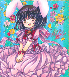 Rule 34 | 1girl, animal ears, black hair, blue background, blush, bow, bowtie, dress, english text, flower, green background, green flower, hair between eyes, inaba tewi, leaf, looking to the side, marker (medium), open mouth, petals, pink bow, pink dress, pink flower, pink sleeves, puffy short sleeves, puffy sleeves, rabbit ears, rabbit tail, red bow, red bowtie, red eyes, red flower, rui (sugar3), sample watermark, short hair, short sleeves, smile, solo, striped, striped background, tail, teeth, tongue, touhou, traditional media, watermark, yellow flower