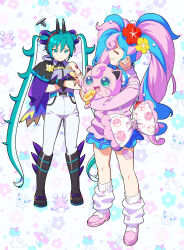 Rule 34 | 2girls, absurdres, belt, belt buckle, blue hair, blue skirt, boots, buckle, closed mouth, commentary request, creatures (company), dragon miku (project voltage), eyelashes, fairy miku (project voltage), flower, game freak, gcckg, gen 1 pokemon, green eyes, green hair, hair flower, hair ornament, hatsune miku, highres, holding, holding pokemon, jigglypuff, knees, long hair, loose socks, multicolored hair, multiple girls, nintendo, pants, pink hair, pokemon, pokemon (creature), project voltage, red flower, shoes, skirt, socks, squiggle, standing, sweatdrop, sweater, twintails, two-tone hair, vocaloid