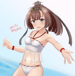 Rule 34 | 1girl, ahoge, akizuki (kancolle), ame-san, bikini, black eyes, black hair, black headband, clothes writing, commentary request, cowboy shot, dated, hachimaki, headband, highres, kantai collection, looking at viewer, one-hour drawing challenge, ponytail, smile, solo, swimsuit, twitter username, white bikini